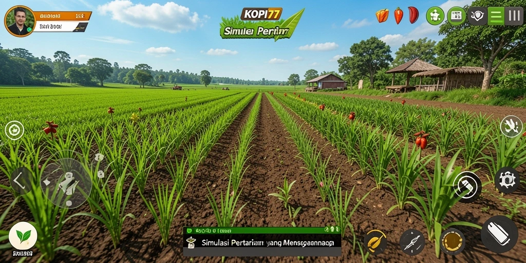 Tampilan gameplay KOPI77 dengan kebun yang subur dan beragam tanaman.