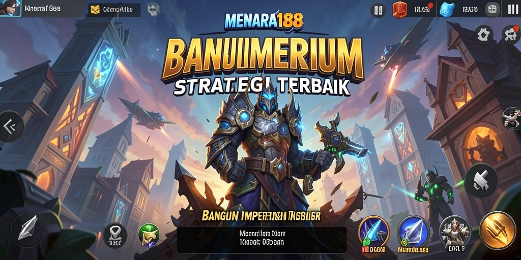 Screenshot gameplay MENARA188 menunjukkan pertempuran epik dan pembangunan kerajaan.