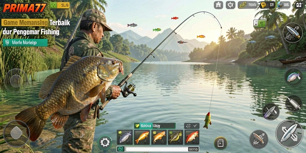 Tampilan gameplay PRIMA77 dengan aksi memancing yang menarik.
