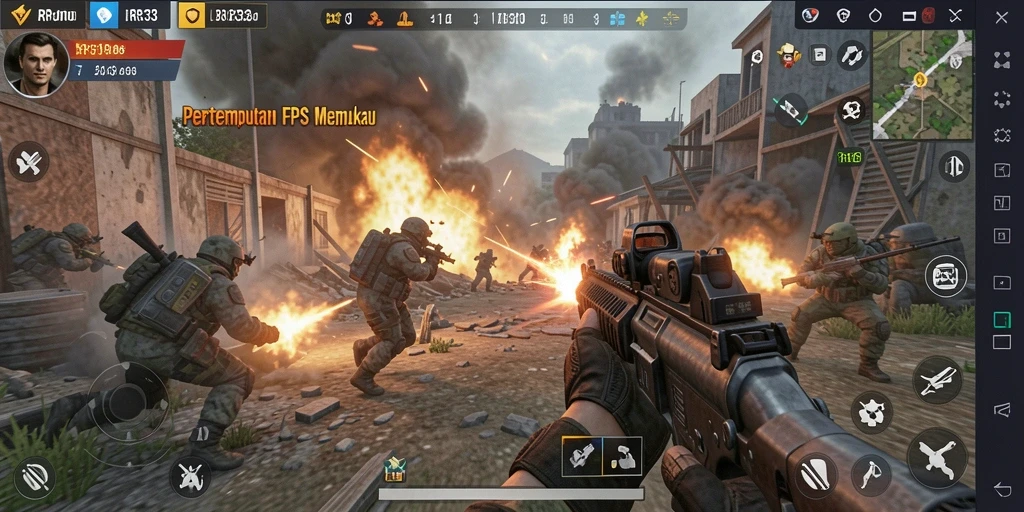 Tangkapan layar menampilkan aksi intens dalam gameplay FPS RR33.